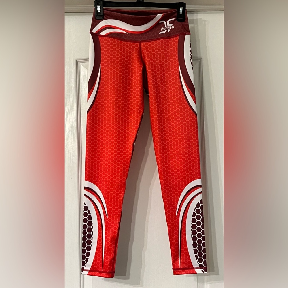 HunniFit Premium Performance Adult Red/White HoneyComb Pattern Athletic Leggings